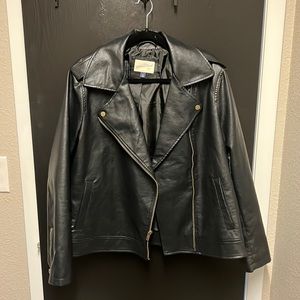 XL, black, Universal Thread leather jacket with gold accents.